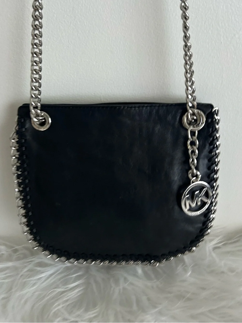 Michael Kors Black Leather Chain Shoulder Bag Silver Hardware